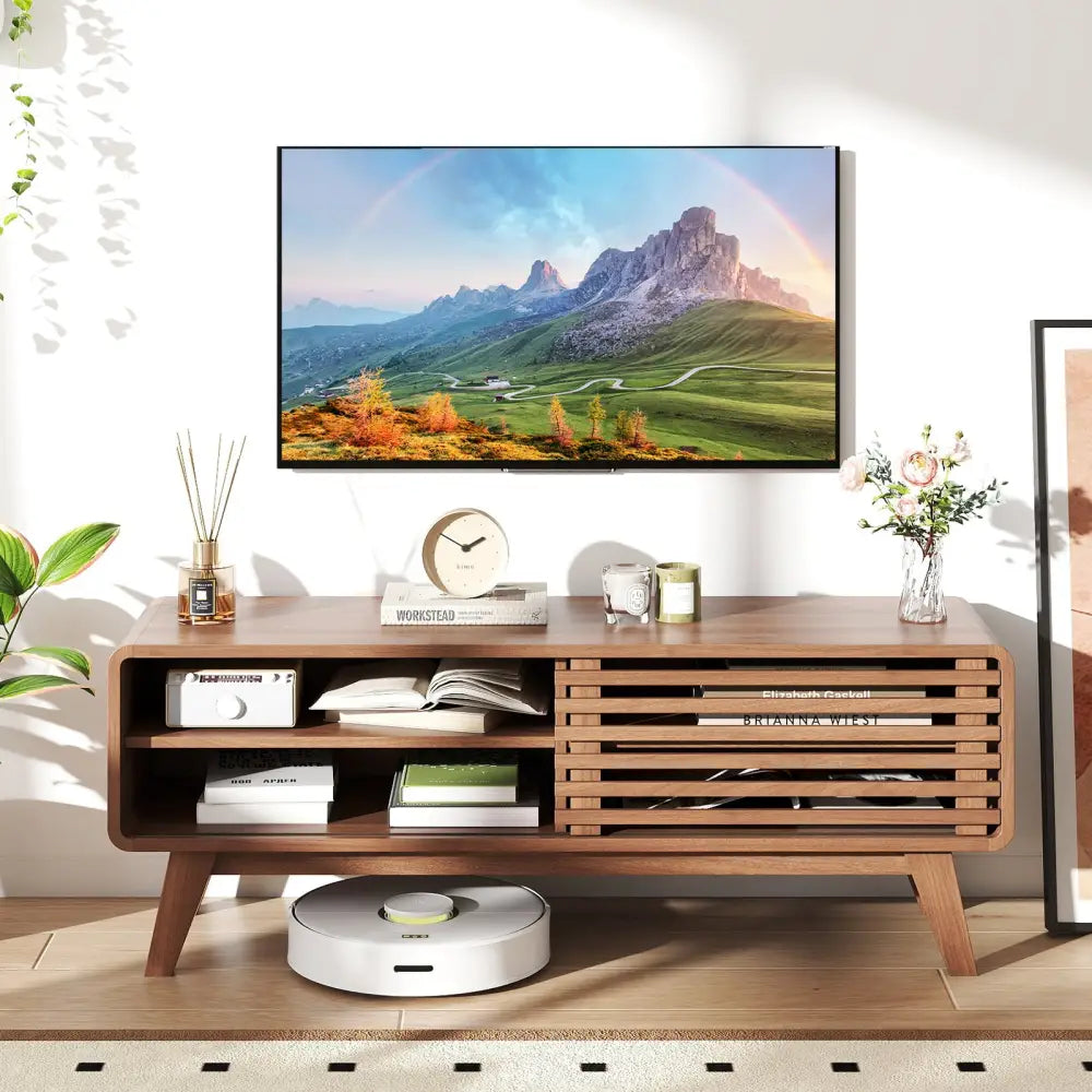 TV Stand for TVs up to 55’’ with Sliding Door and Adjustable Shelves for Living Room-Brown - Walnut - Entertainment