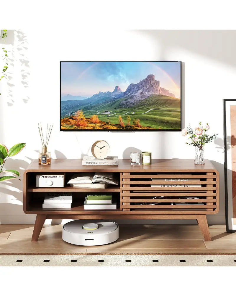 TV Stand for TVs up to 55’’ with Sliding Door and Adjustable Shelves for Living Room-Brown - Walnut - Entertainment