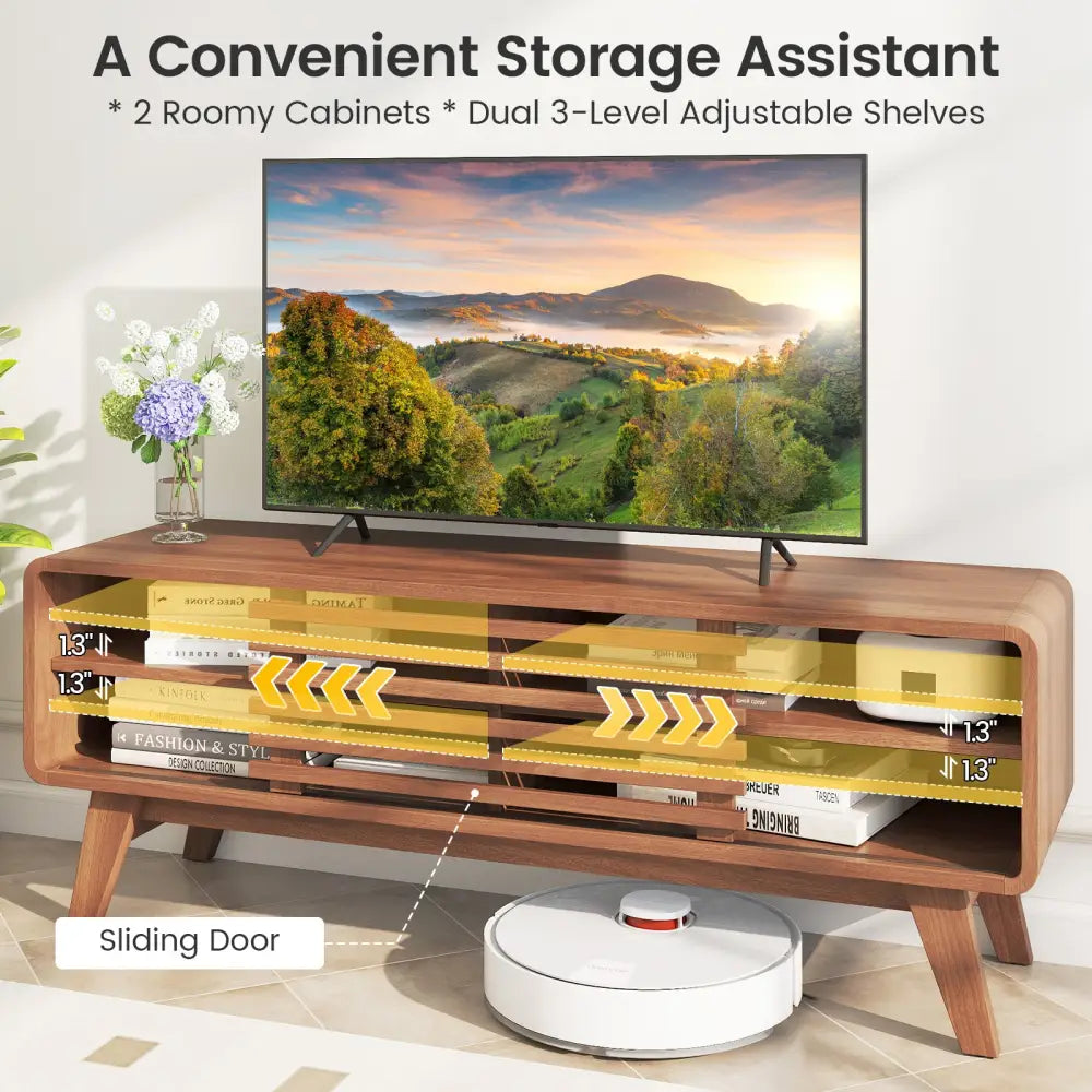 TV Stand for TVs up to 55’’ with Sliding Door and Adjustable Shelves for Living Room-Brown - Walnut - Entertainment