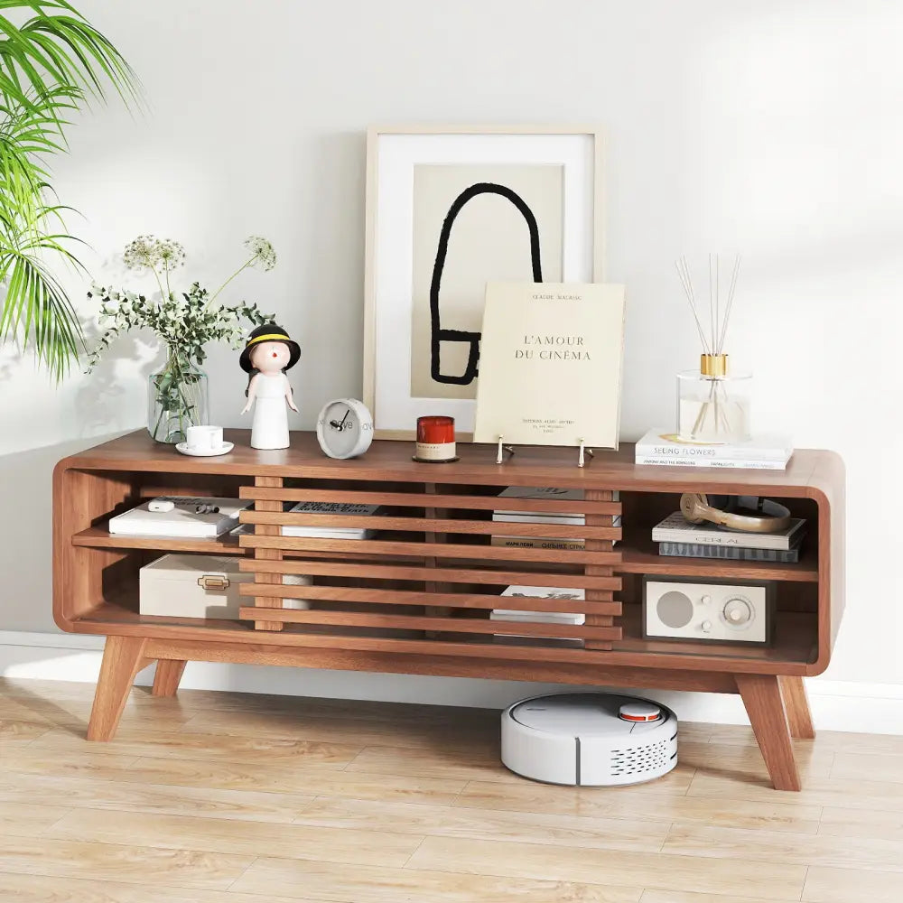 TV Stand for TVs up to 55’’ with Sliding Door and Adjustable Shelves for Living Room-Brown - Walnut - Entertainment