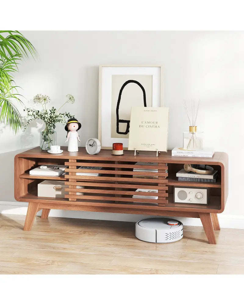 TV Stand for TVs up to 55’’ with Sliding Door and Adjustable Shelves for Living Room-Brown - Walnut - Entertainment