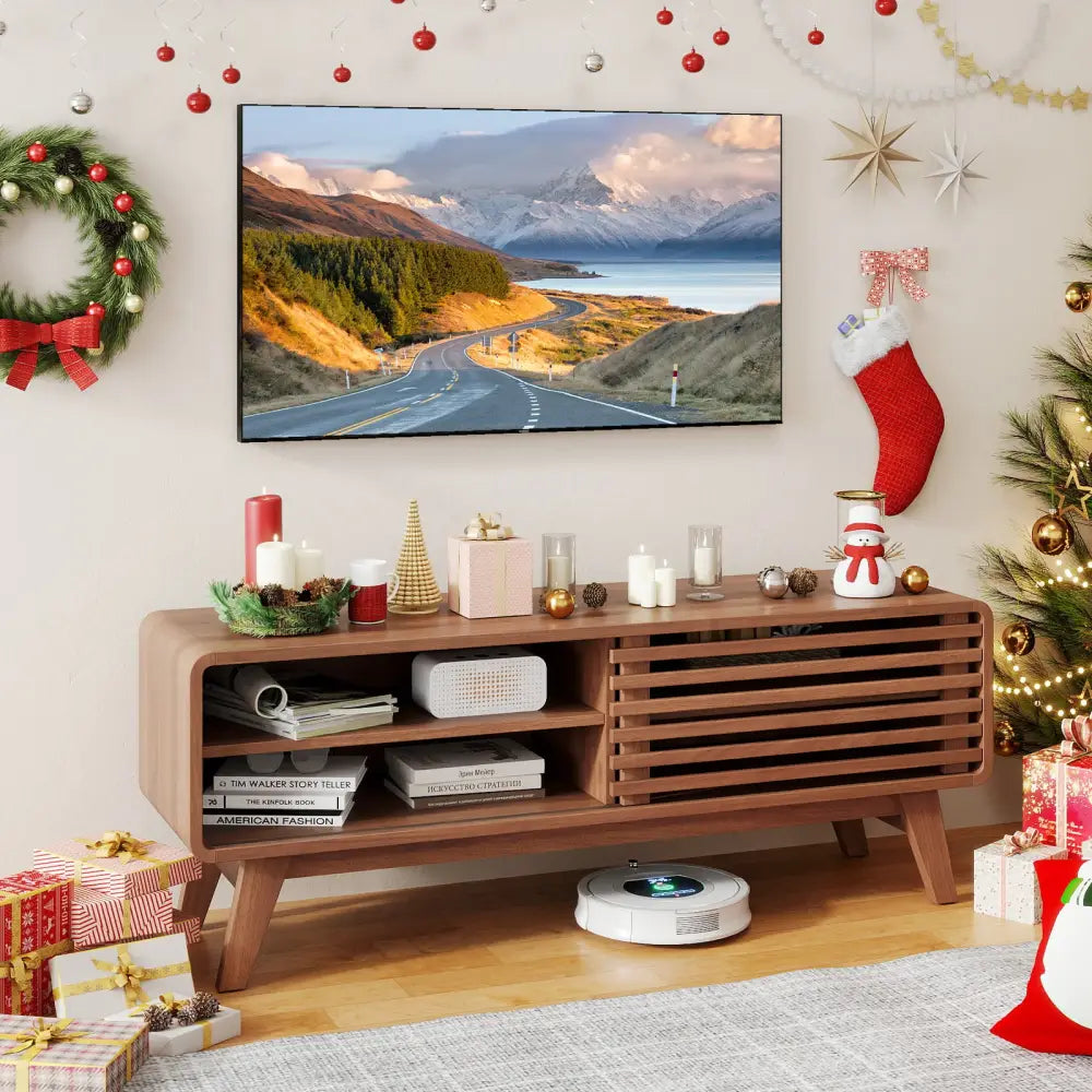 TV Stand for TVs up to 55’’ with Sliding Door and Adjustable Shelves for Living Room-Brown - Walnut - Entertainment