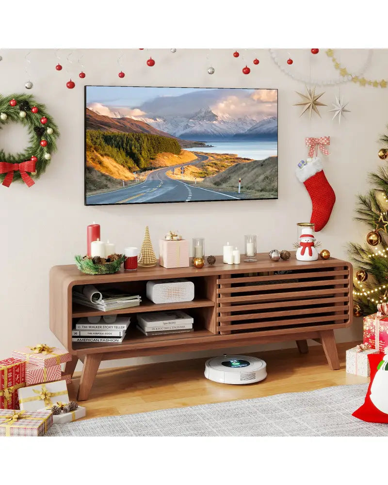TV Stand for TVs up to 55’’ with Sliding Door and Adjustable Shelves for Living Room-Brown - Walnut - Entertainment