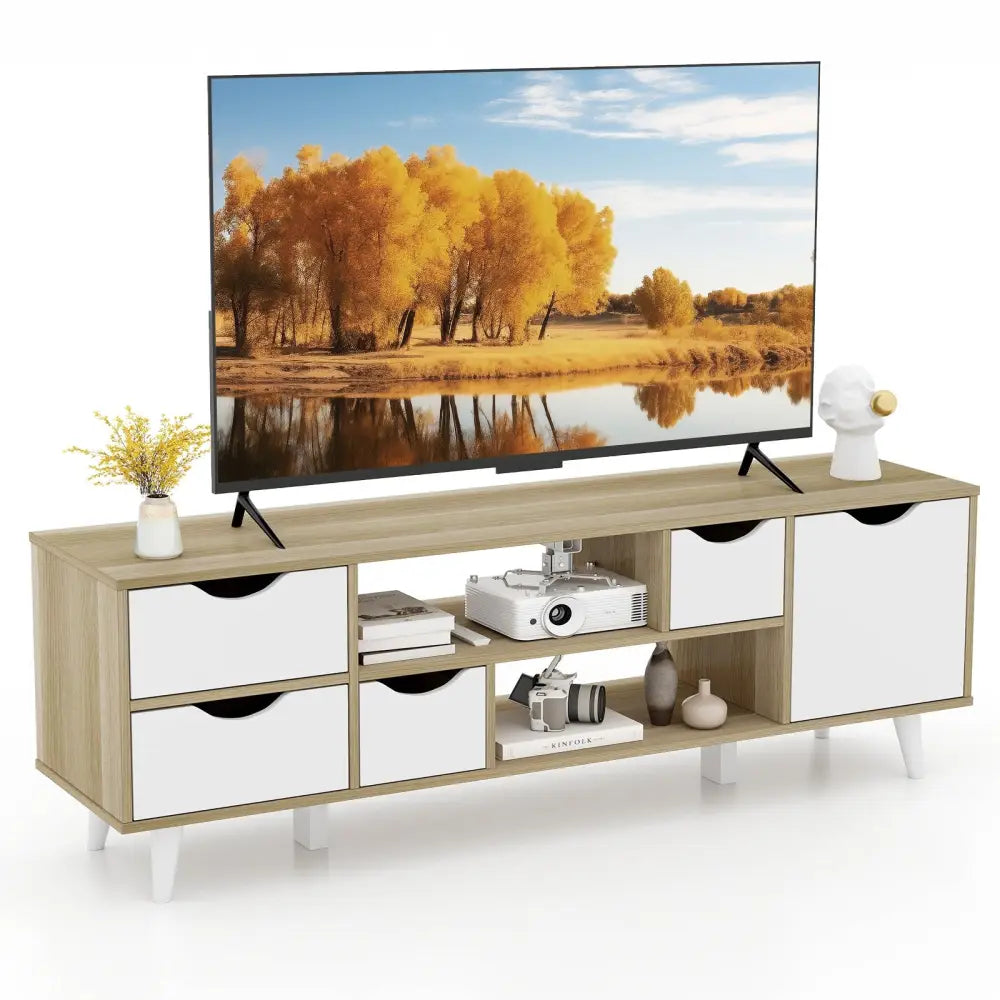 TV Stand for TVs up to 55â€ Television Cabinetw/ 4 Drawers & 2 Open Shelves-Oak - Oak - Entertainment Centers & TV