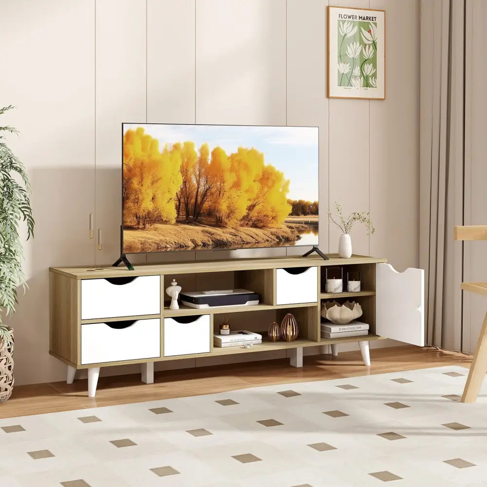 TV Stand for TVs up to 55â€ Television Cabinetw/ 4 Drawers & 2 Open Shelves-Oak - Oak - Entertainment Centers & TV