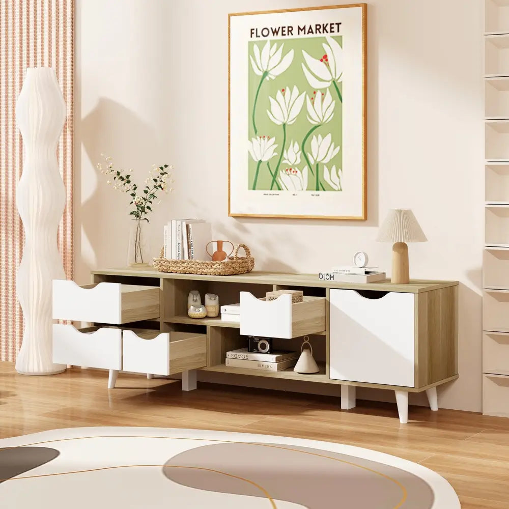 TV Stand for TVs up to 55â€ Television Cabinetw/ 4 Drawers & 2 Open Shelves-Oak - Oak - Entertainment Centers & TV
