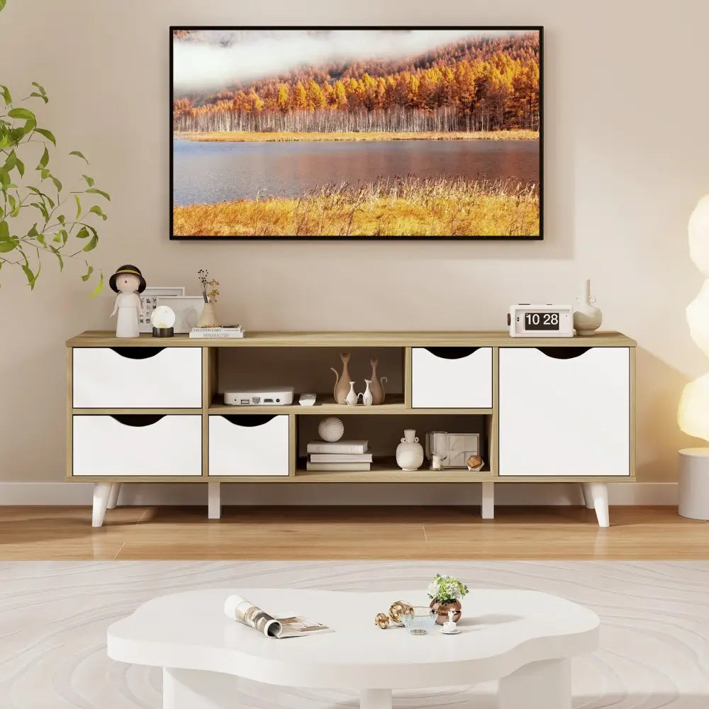 TV Stand for TVs up to 55â€ Television Cabinetw/ 4 Drawers & 2 Open Shelves-Oak - Oak - Entertainment Centers & TV
