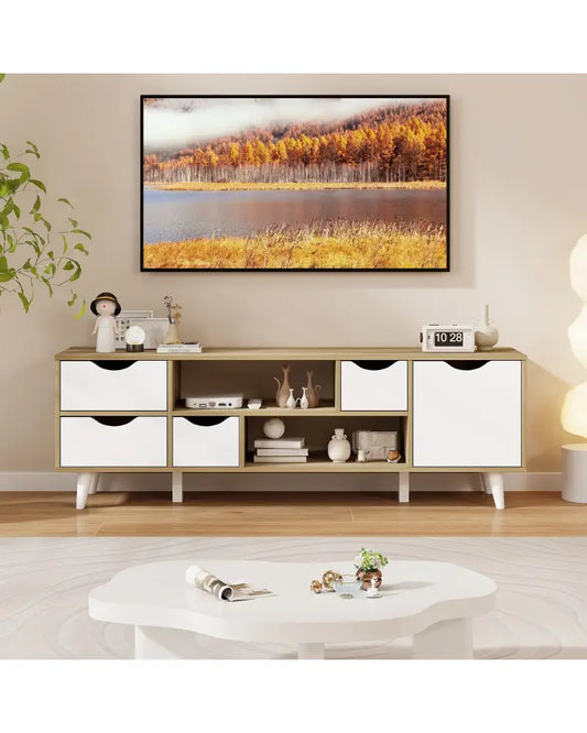 TV Stand for TVs up to 55â€ Television Cabinetw/ 4 Drawers & 2 Open Shelves-Oak - Oak - Entertainment Centers & TV