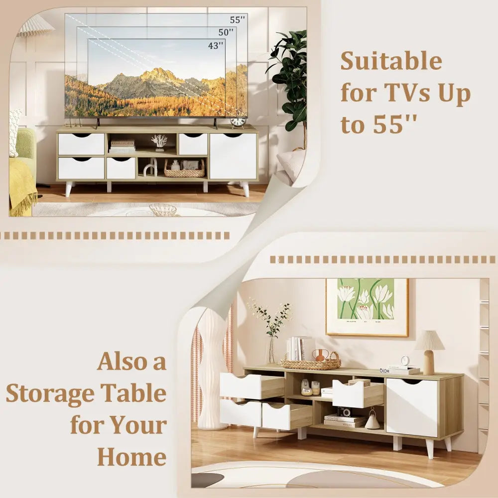 TV Stand for TVs up to 55â€ Television Cabinetw/ 4 Drawers & 2 Open Shelves-Oak - Oak - Entertainment Centers & TV