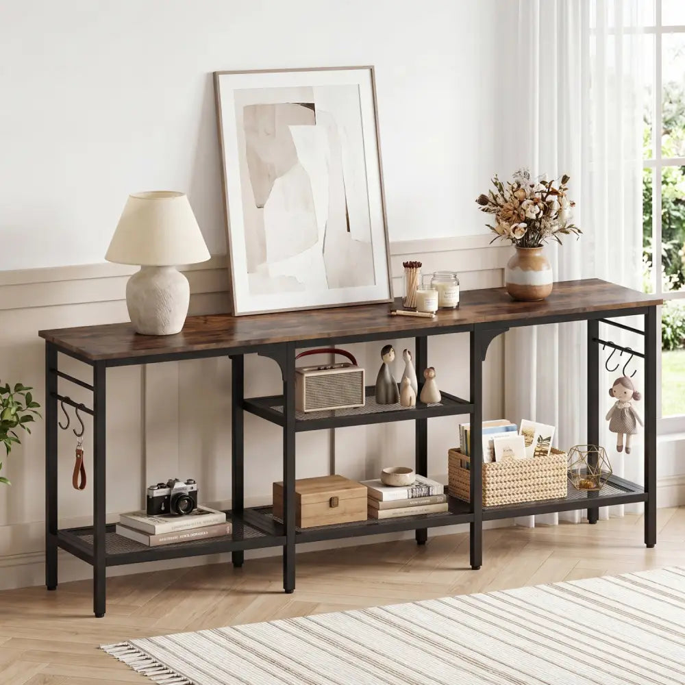 TV Stand for TVs up to 65 Inch with 3-Tier Open Shelves and 4 Hooks-Rustic Brown - Rustic Brown - Entertainment Centers
