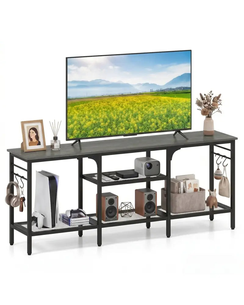 TV Stand for TVs up to 65 Inch with 3-Tier Open Shelves and 4 Hooks-Oak & Black - Oak - Entertainment Centers & TV