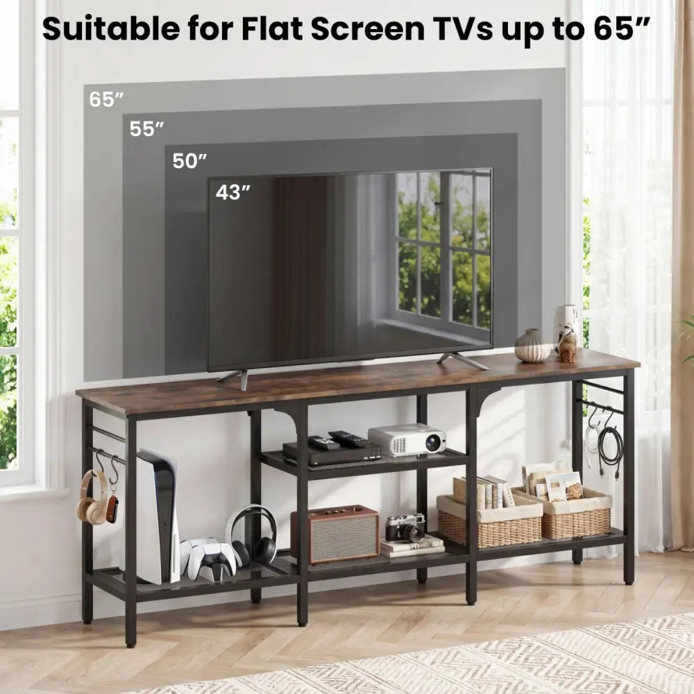 TV Stand for TVs up to 65 Inch with 3-Tier Open Shelves and 4 Hooks-Rustic Brown - Rustic Brown - Entertainment Centers