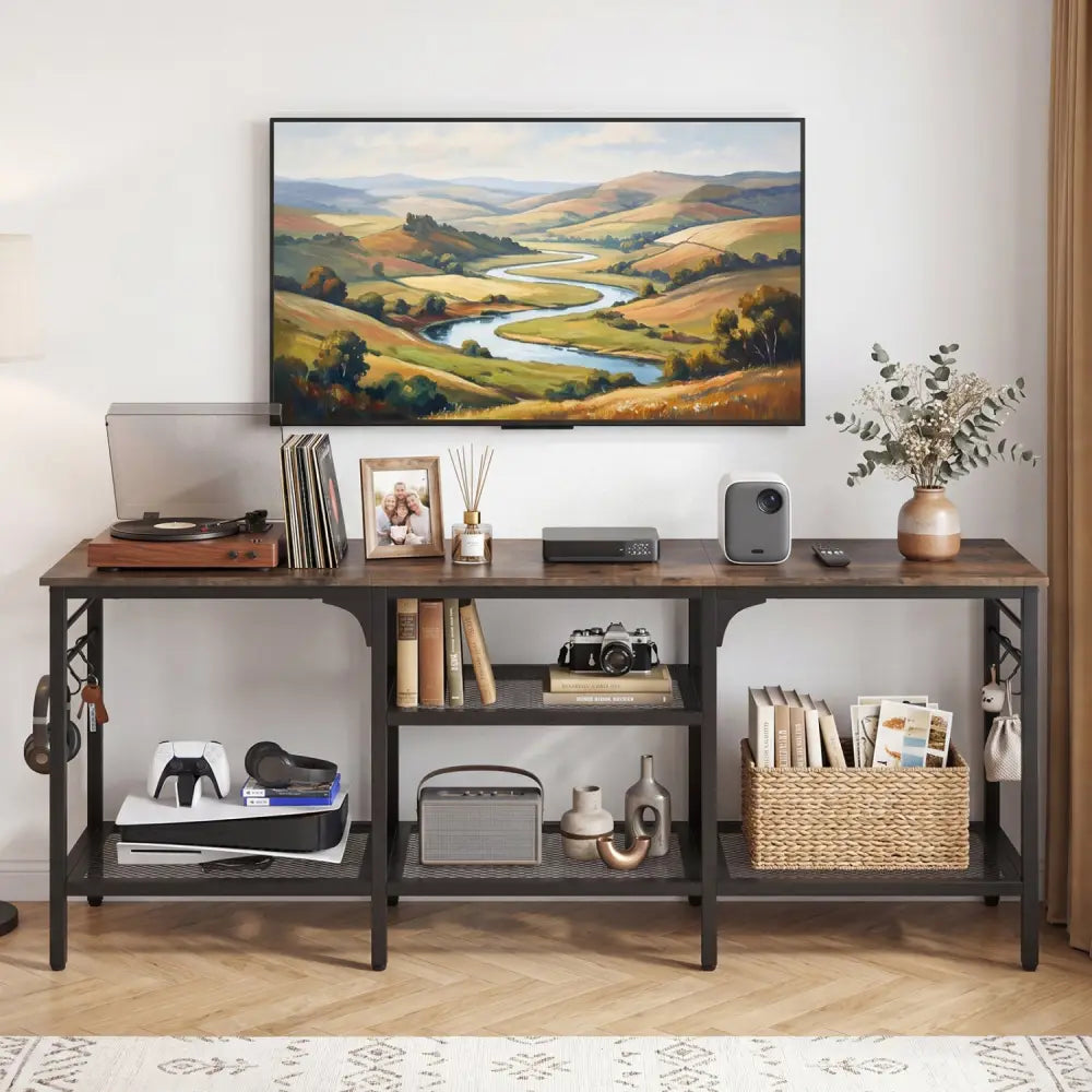 TV Stand for TVs up to 65 Inch with 3-Tier Open Shelves and 4 Hooks-Rustic Brown - Rustic Brown - Entertainment Centers