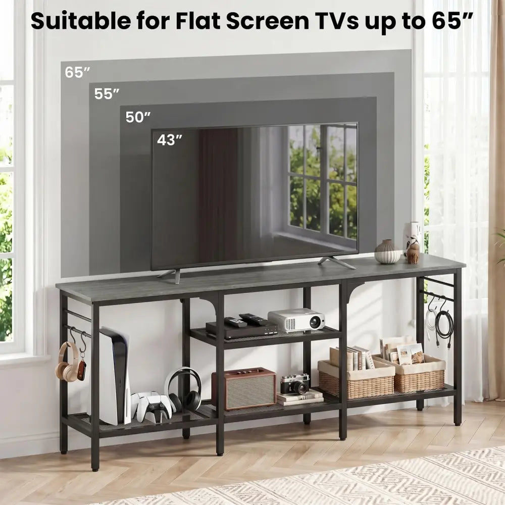 TV Stand for TVs up to 65 Inch with 3-Tier Open Shelves and 4 Hooks-Oak & Black - Oak - Entertainment Centers & TV