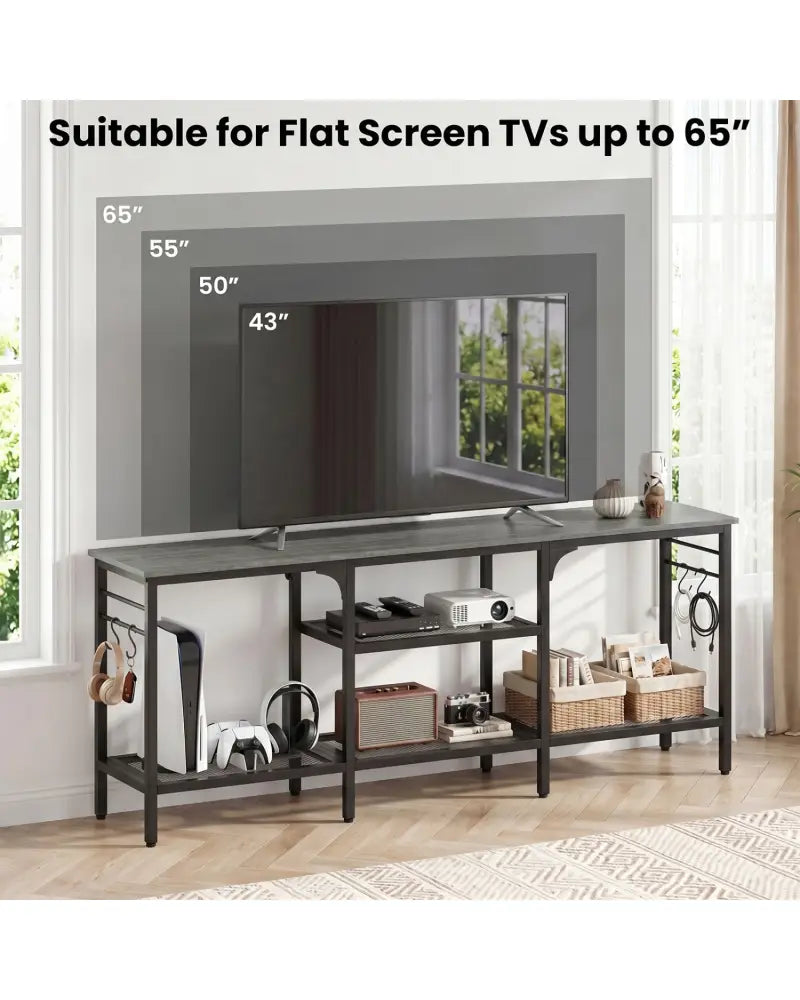 TV Stand for TVs up to 65 Inch with 3-Tier Open Shelves and 4 Hooks-Oak & Black - Oak - Entertainment Centers & TV