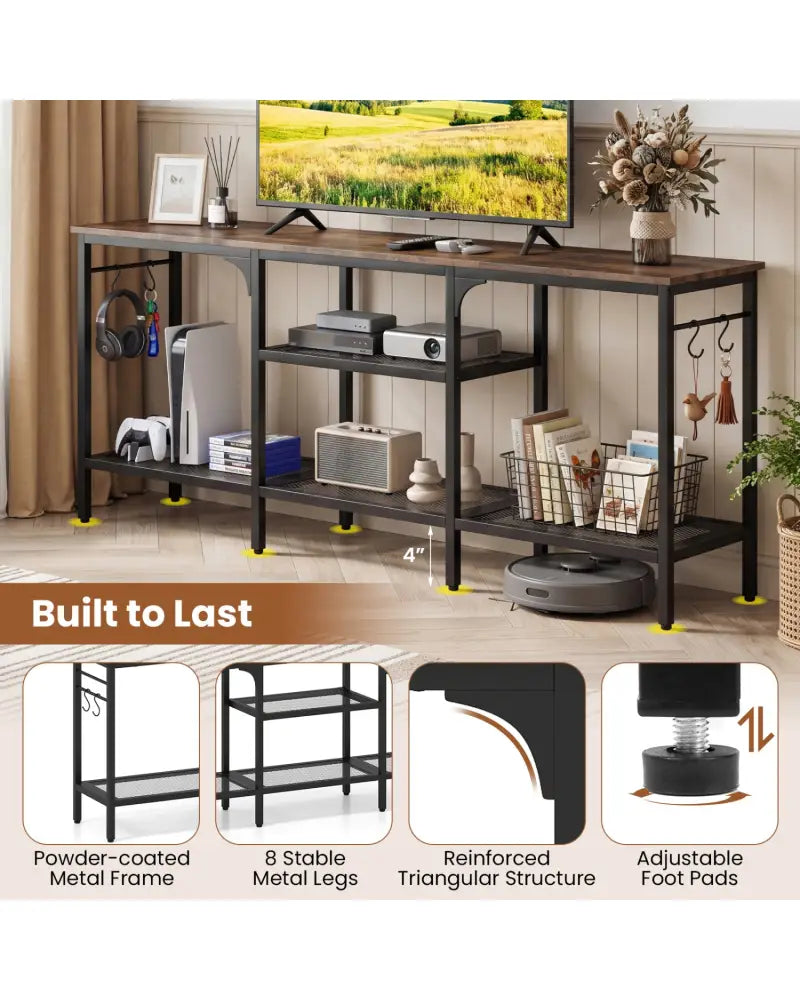 TV Stand for TVs up to 65 Inch with 3-Tier Open Shelves and 4 Hooks-Rustic Brown - Rustic Brown - Entertainment Centers