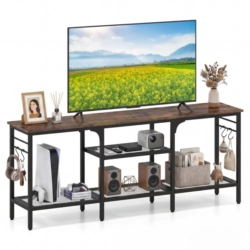 TV Stand for TVs up to 65 Inch with 3-Tier Open Shelves and 4 Hooks-Rustic Brown - Rustic Brown - Entertainment Centers