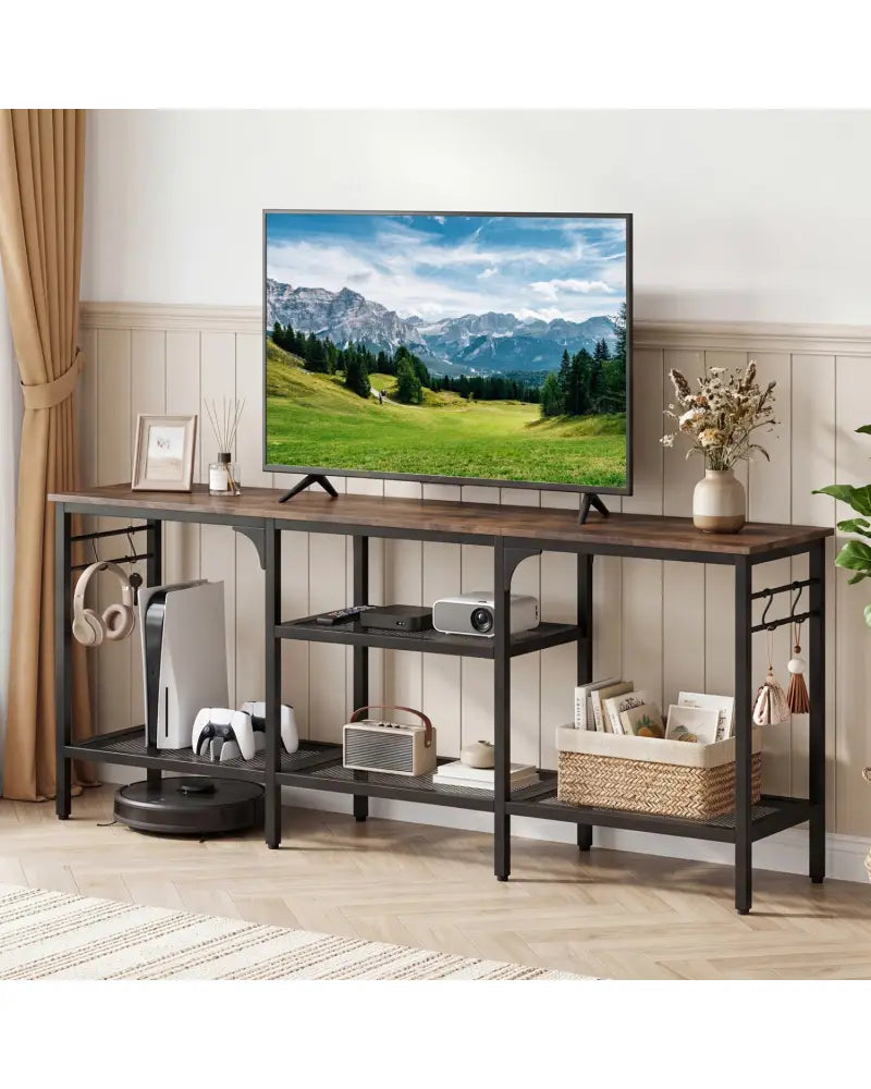 TV Stand for TVs up to 65 Inch with 3-Tier Open Shelves and 4 Hooks-Rustic Brown - Rustic Brown - Entertainment Centers