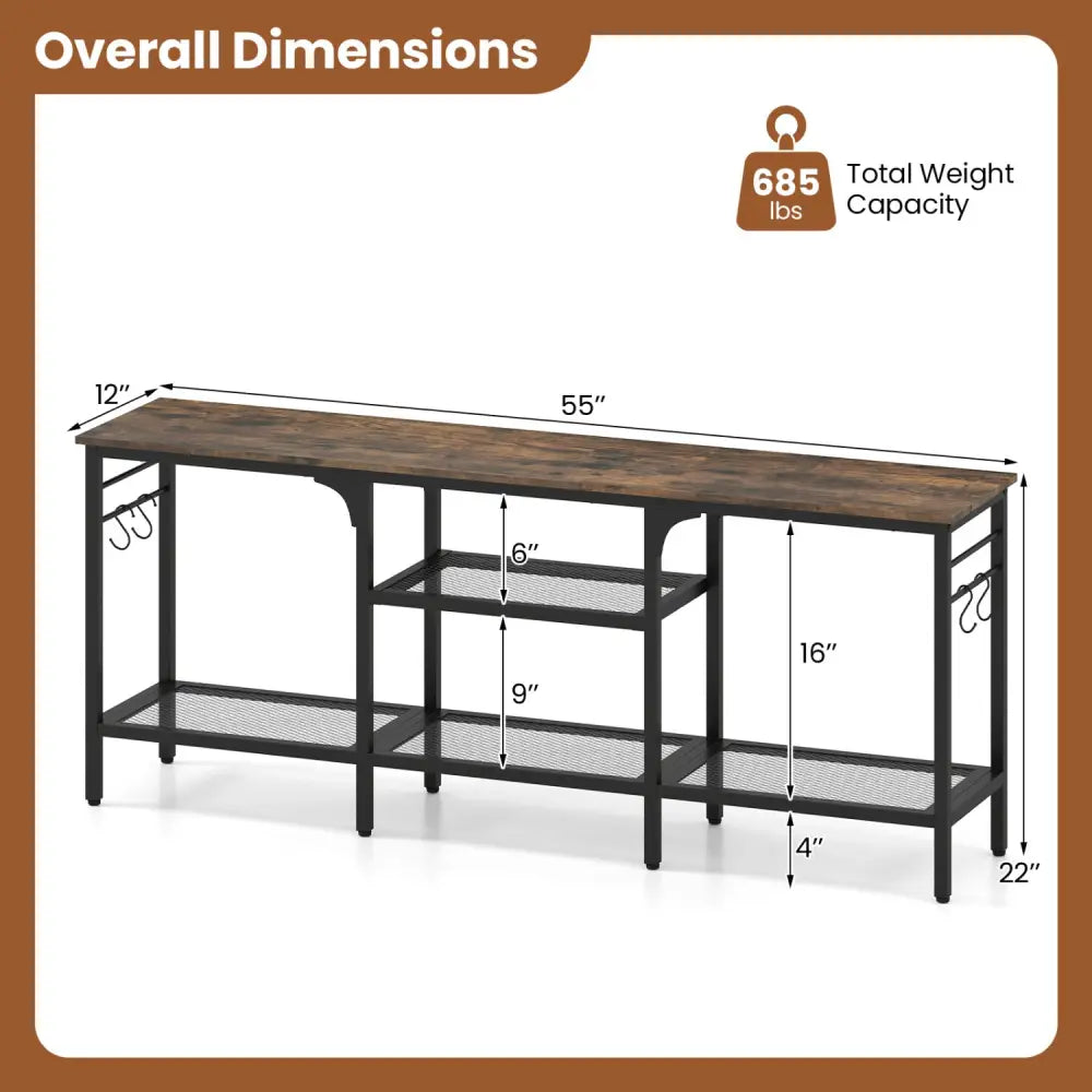 TV Stand for TVs up to 65 Inch with 3-Tier Open Shelves and 4 Hooks-Rustic Brown - Rustic Brown - Entertainment Centers