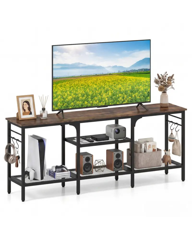 TV Stand for TVs up to 65 Inch with 3-Tier Open Shelves and 4 Hooks-Rustic Brown - Rustic Brown - Entertainment Centers