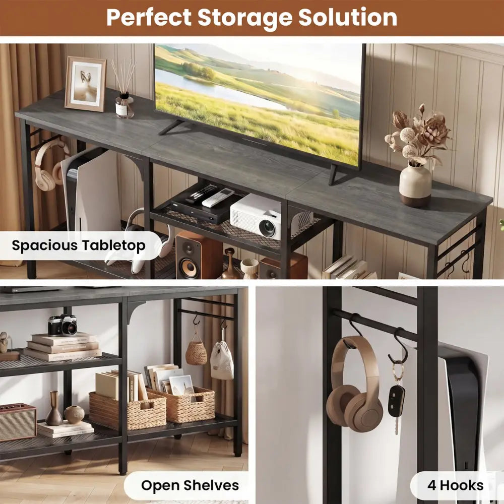 TV Stand for TVs up to 65 Inch with 3-Tier Open Shelves and 4 Hooks-Oak & Black - Oak - Entertainment Centers & TV