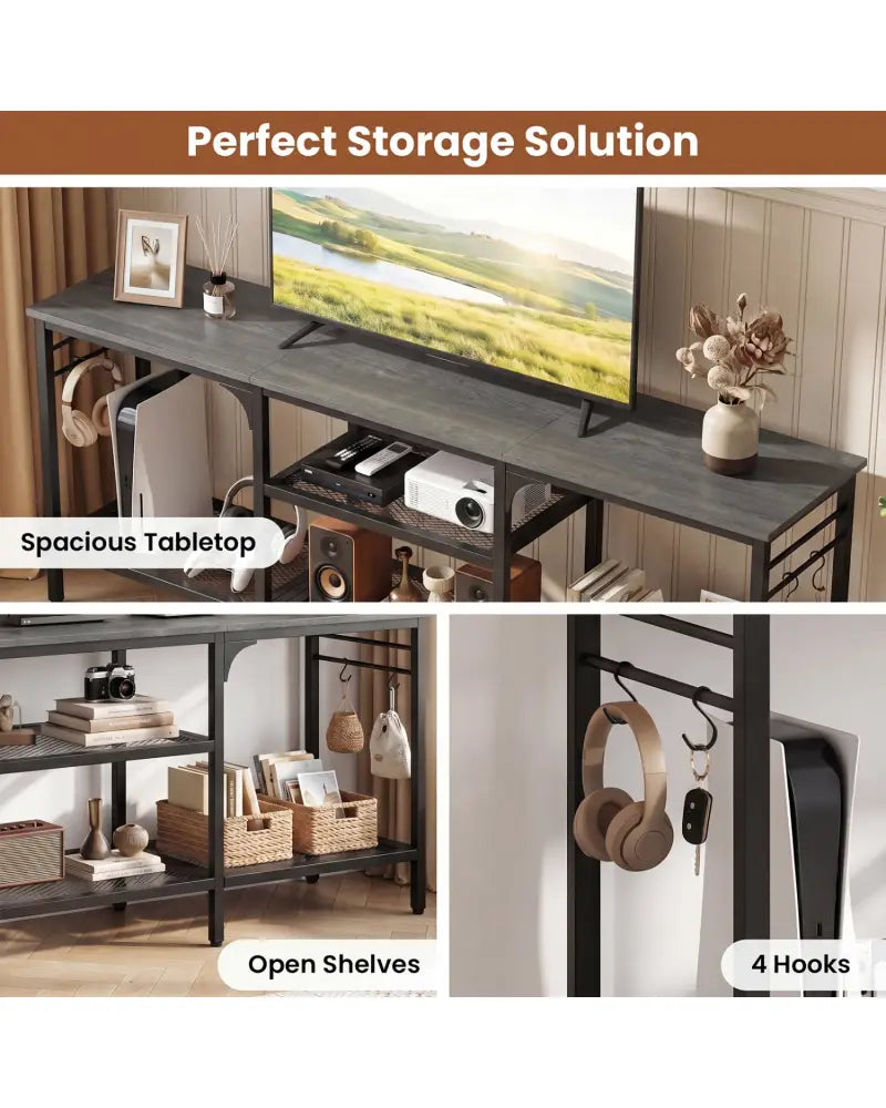 TV Stand for TVs up to 65 Inch with 3-Tier Open Shelves and 4 Hooks-Oak & Black - Oak - Entertainment Centers & TV