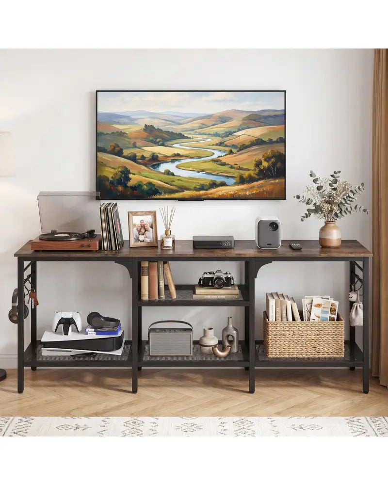 TV Stand for TVs up to 65 Inch with 3-Tier Open Shelves and 4 Hooks-Rustic Brown - Rustic Brown - Entertainment Centers