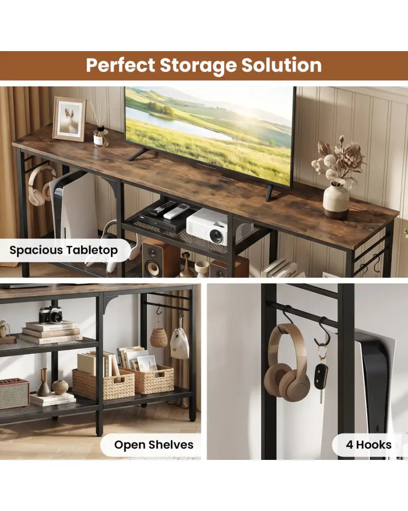 TV Stand for TVs up to 65 Inch with 3-Tier Open Shelves and 4 Hooks-Rustic Brown - Rustic Brown - Entertainment Centers