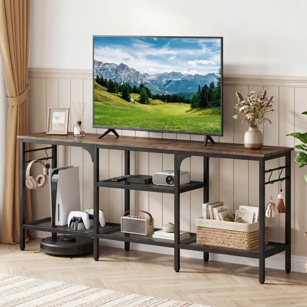 TV Stand for TVs up to 65 Inch with 3-Tier Open Shelves and 4 Hooks-Rustic Brown - Rustic Brown - Entertainment Centers