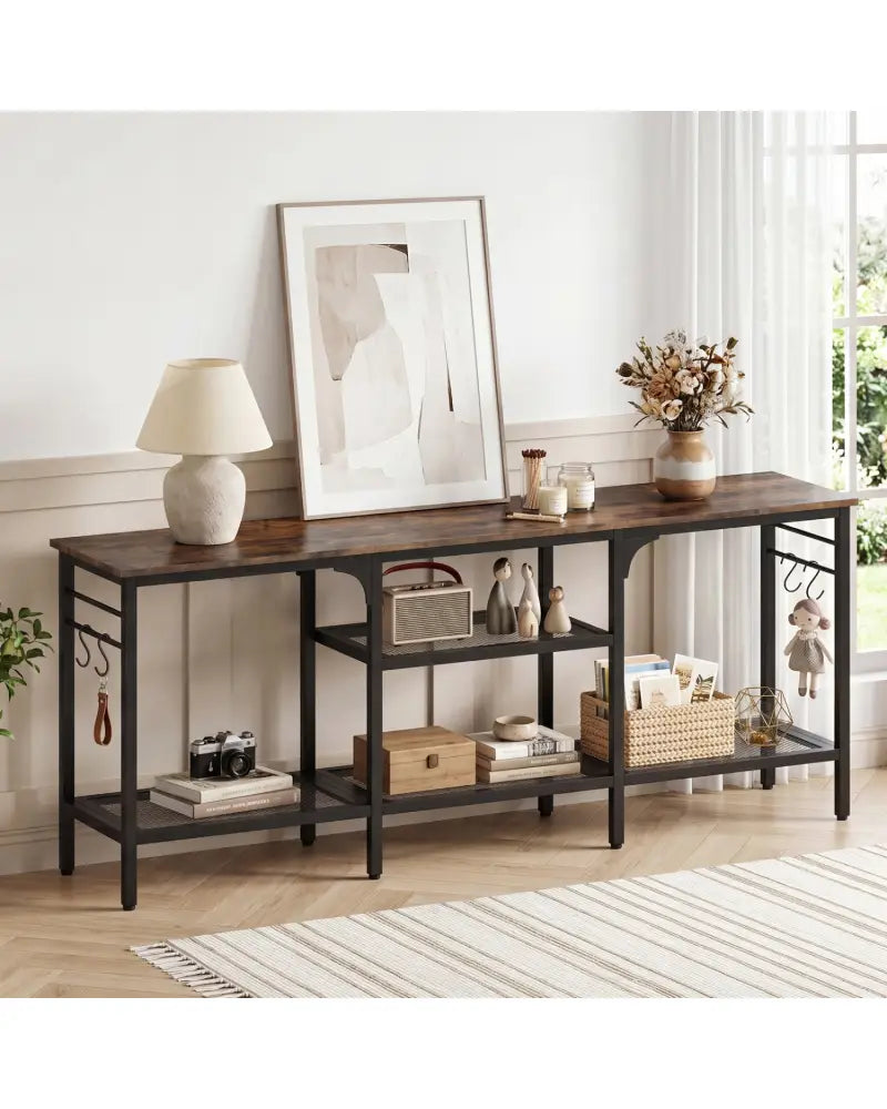 TV Stand for TVs up to 65 Inch with 3-Tier Open Shelves and 4 Hooks-Rustic Brown - Rustic Brown - Entertainment Centers