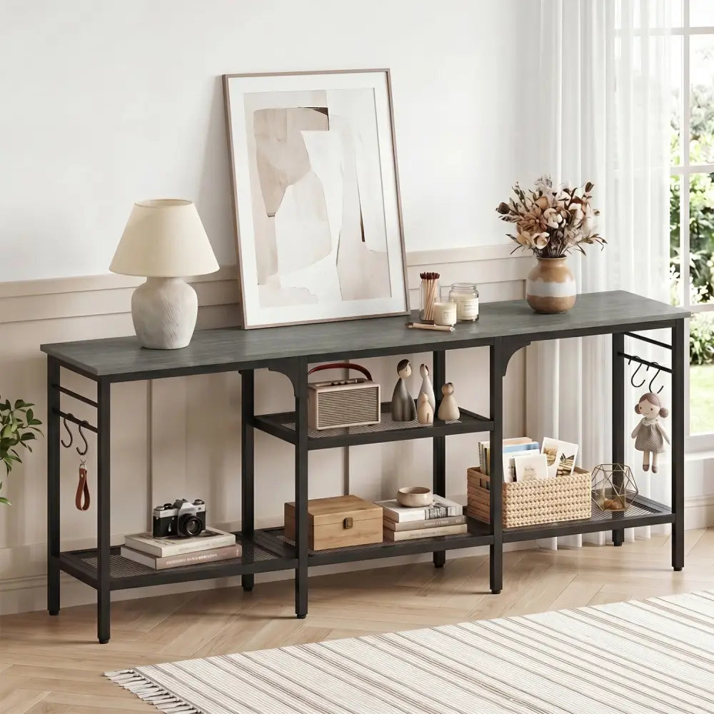 TV Stand for TVs up to 65 Inch with 3-Tier Open Shelves and 4 Hooks-Oak & Black - Oak - Entertainment Centers & TV