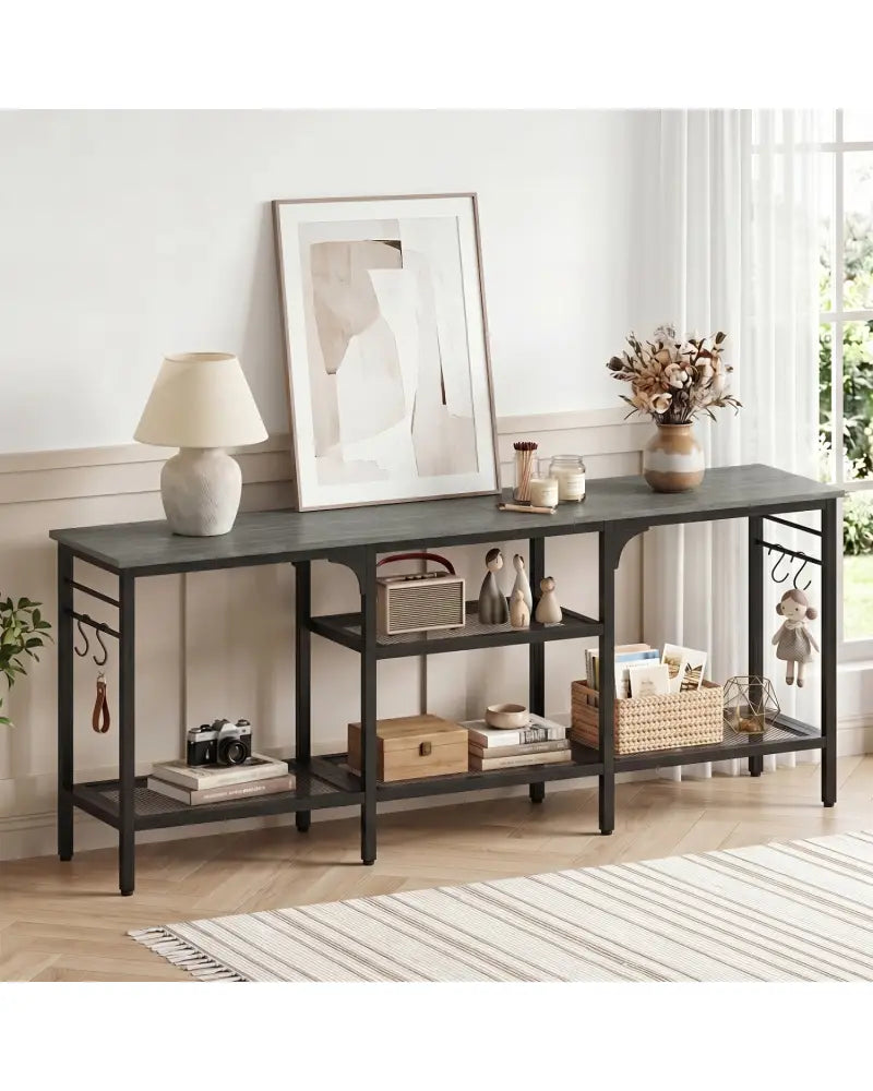 TV Stand for TVs up to 65 Inch with 3-Tier Open Shelves and 4 Hooks-Oak & Black - Oak - Entertainment Centers & TV