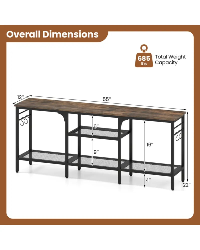 TV Stand for TVs up to 65 Inch with 3-Tier Open Shelves and 4 Hooks-Rustic Brown - Rustic Brown - Entertainment Centers