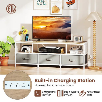 TV Stand for TVs up to 65 Inches with Power Outlets USB Charging-Natural - Natural - Entertainment Centers & TV Stands