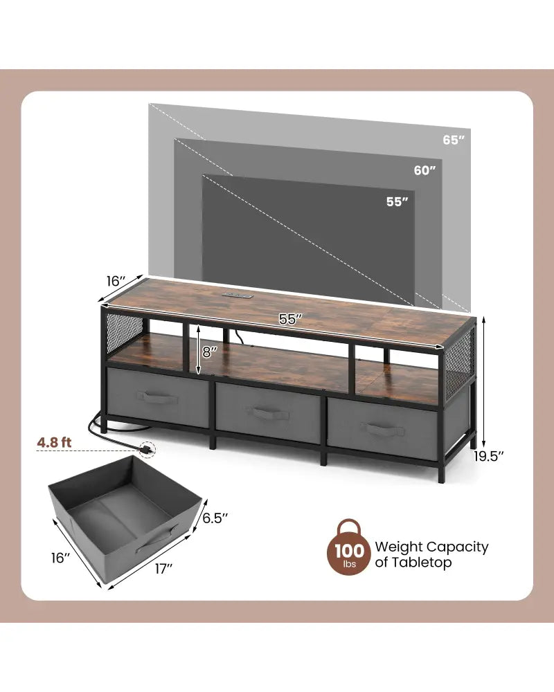 TV Stand for TVs up to 65 Inches with Power Outlets USB Charging-Rustic Brown - Rustic Brown - Entertainment Centers &
