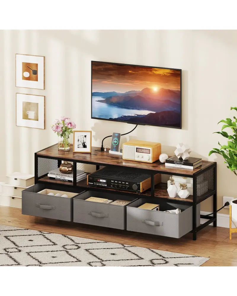 TV Stand for TVs up to 65 Inches with Power Outlets USB Charging-Rustic Brown - Rustic Brown - Entertainment Centers &