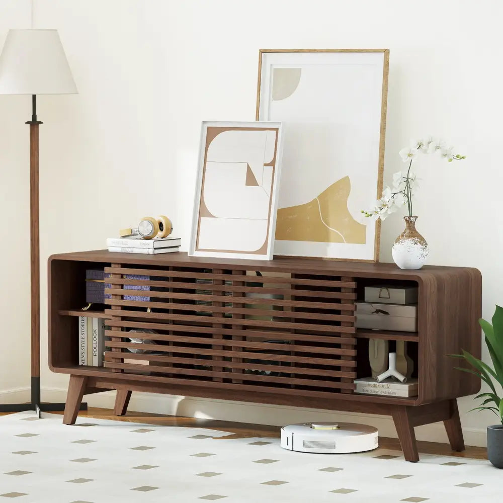 TV Stand for TVs up to 65’’ with Sliding Doors and Adjustable Shelves for Living Room-Walnut - Walnut - Entertainment