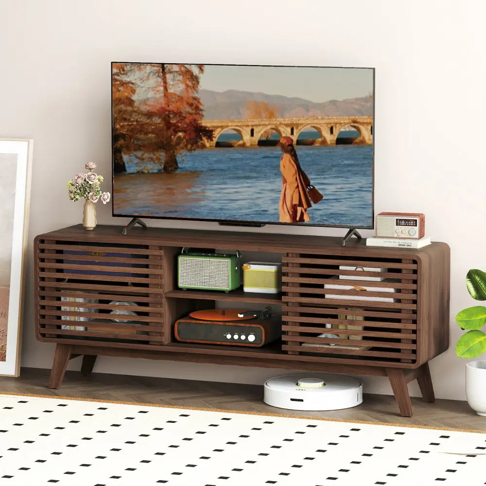 TV Stand for TVs up to 65’’ with Sliding Doors and Adjustable Shelves for Living Room-Walnut - Walnut - Entertainment