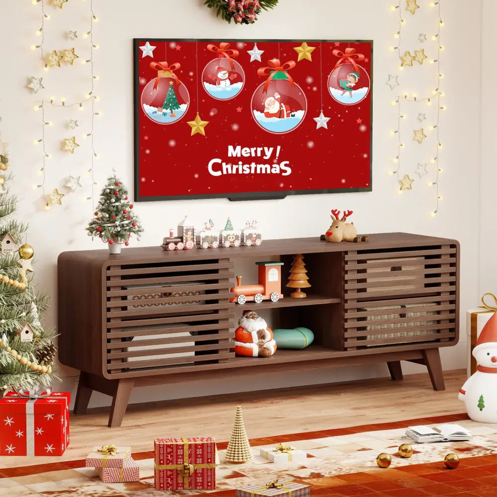 TV Stand for TVs up to 65’’ with Sliding Doors and Adjustable Shelves for Living Room-Walnut - Walnut - Entertainment