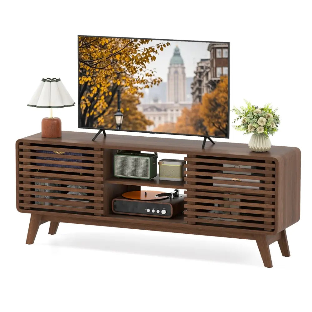 TV Stand for TVs up to 65’’ with Sliding Doors and Adjustable Shelves for Living Room-Walnut - Walnut - Entertainment