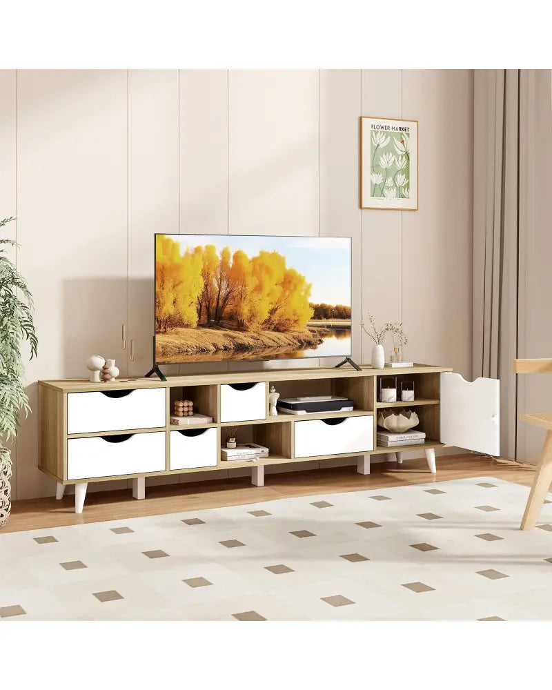 TV Stand for TVs up to 65â€ Television Cabinetw/ 5 Drawers & 3 Open Shelves-Oak - Oak - Entertainment Centers & TV