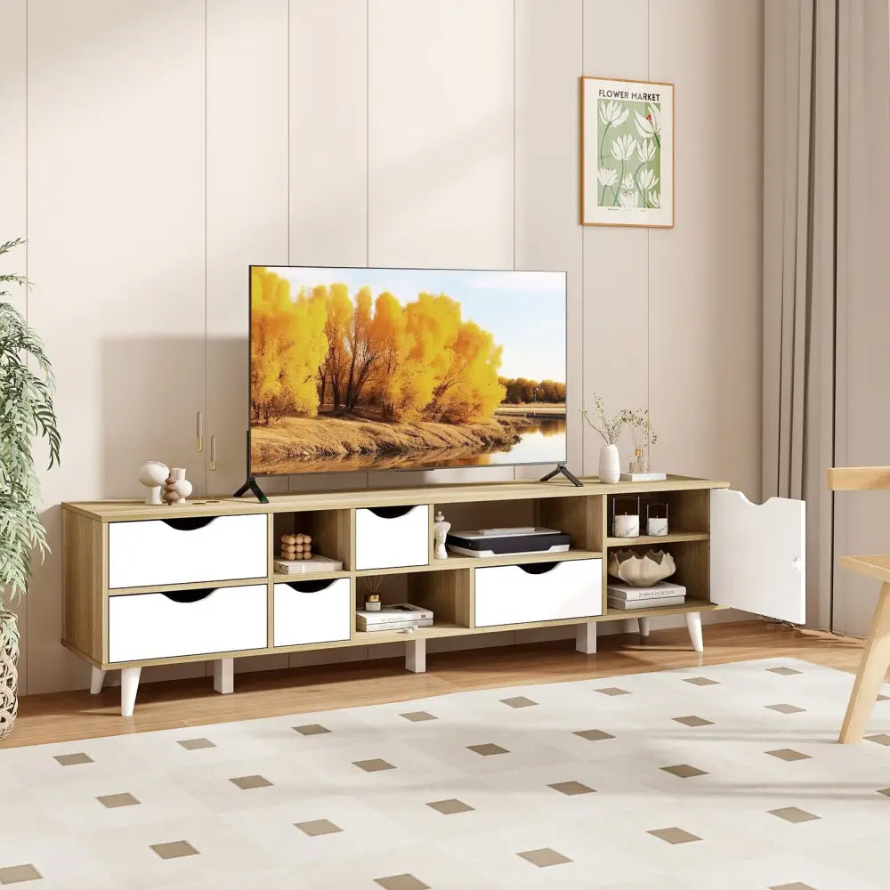 TV Stand for TVs up to 65â€ Television Cabinetw/ 5 Drawers & 3 Open Shelves-Oak - Oak - Entertainment Centers & TV