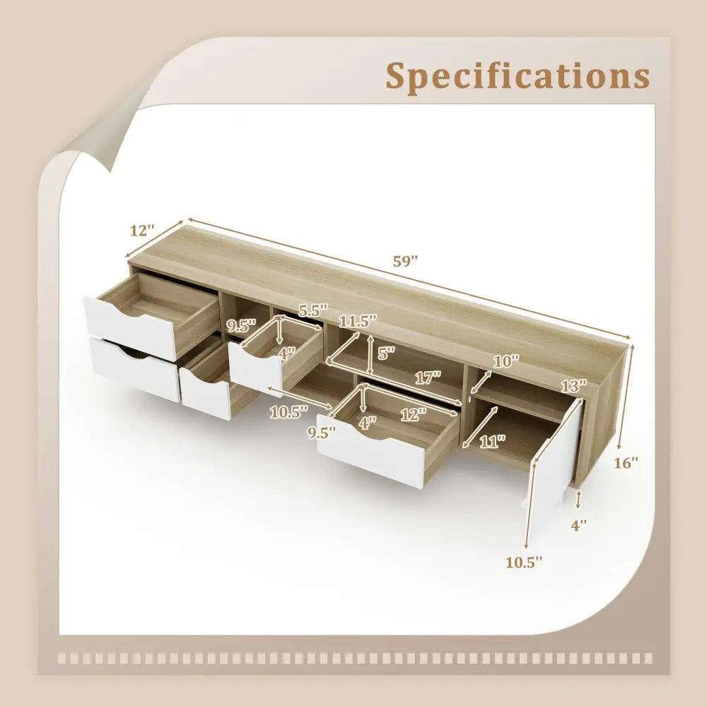 TV Stand for TVs up to 65â€ Television Cabinetw/ 5 Drawers & 3 Open Shelves-Oak - Oak - Entertainment Centers & TV