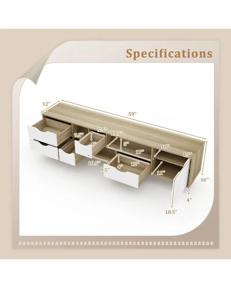 TV Stand for TVs up to 65â€ Television Cabinetw/ 5 Drawers & 3 Open Shelves-Oak - Oak - Entertainment Centers & TV