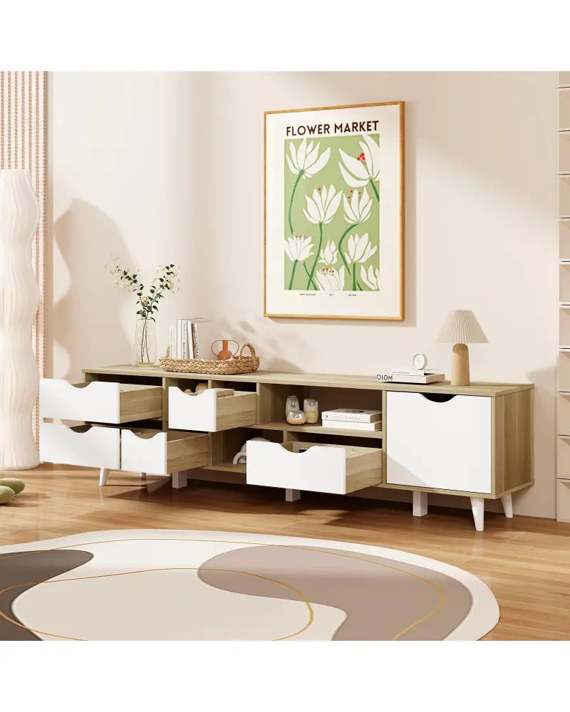 TV Stand for TVs up to 65â€ Television Cabinetw/ 5 Drawers & 3 Open Shelves-Oak - Oak - Entertainment Centers & TV