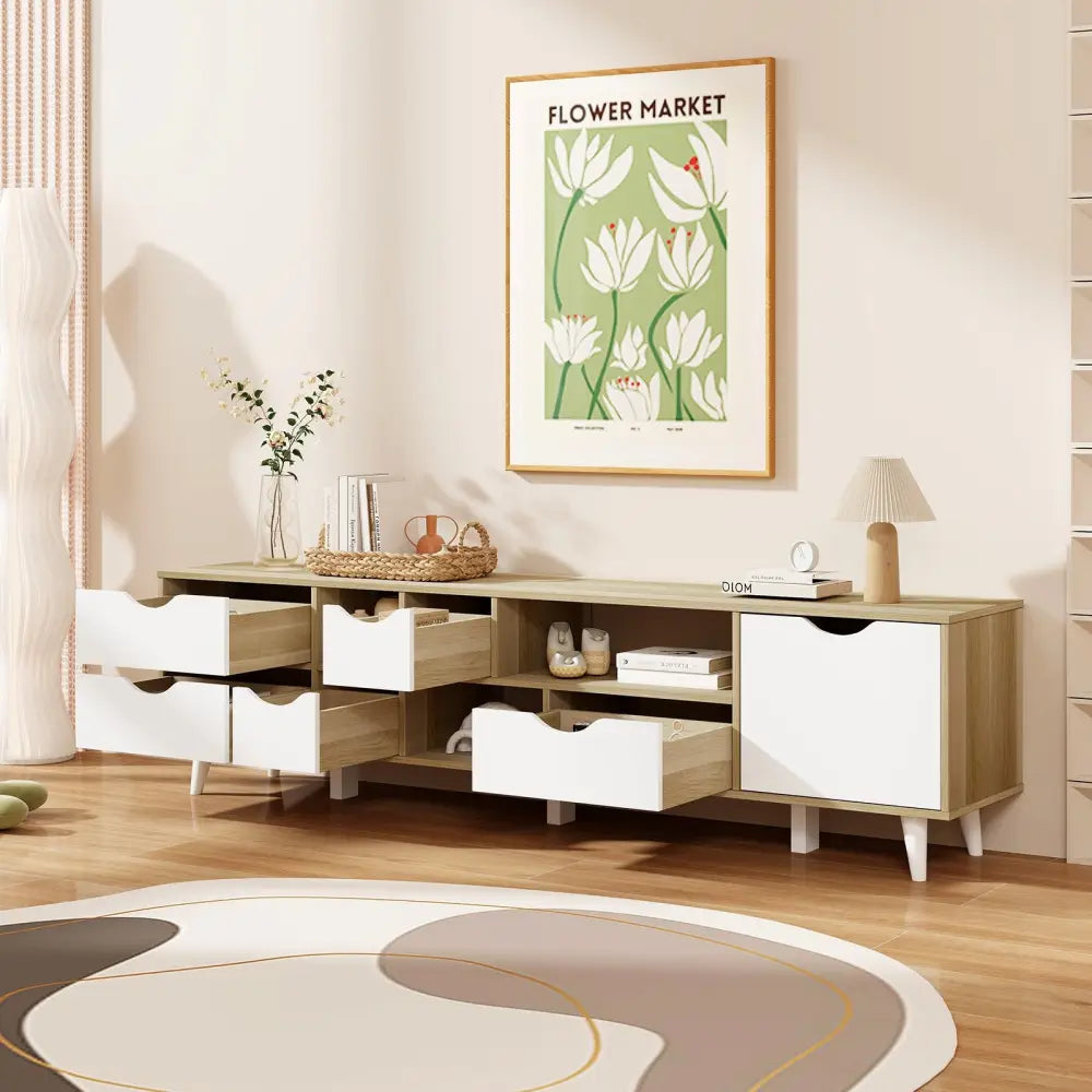 TV Stand for TVs up to 65â€ Television Cabinetw/ 5 Drawers & 3 Open Shelves-Oak - Oak - Entertainment Centers & TV