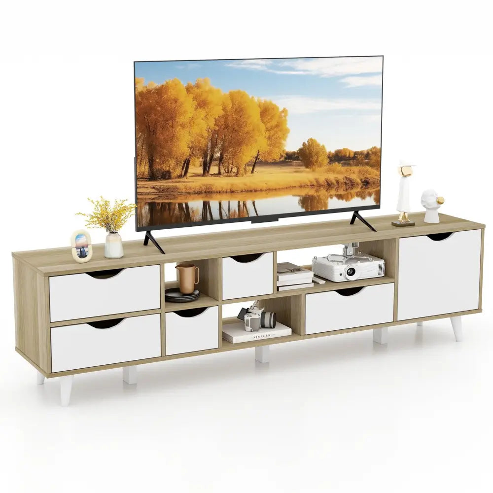 TV Stand for TVs up to 65â€ Television Cabinetw/ 5 Drawers & 3 Open Shelves-Oak - Oak - Entertainment Centers & TV