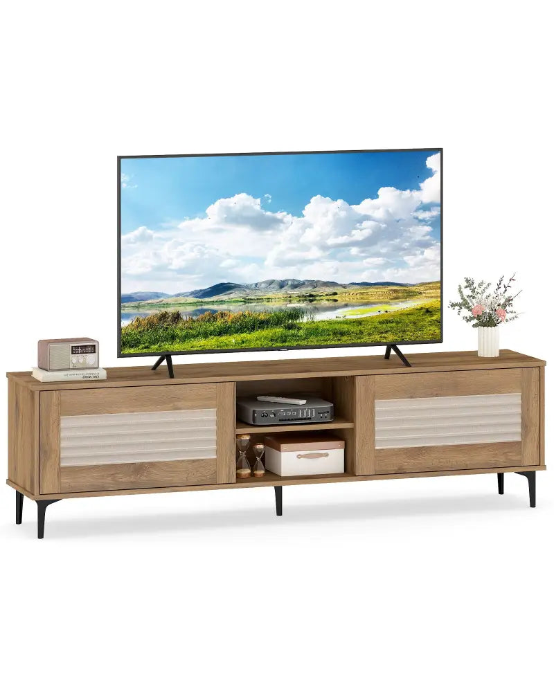 TV Stand for TVs up to 70 Inch Waveform Fluted Entertainment Center-Oak - Oak - Entertainment Centers & TV Stands