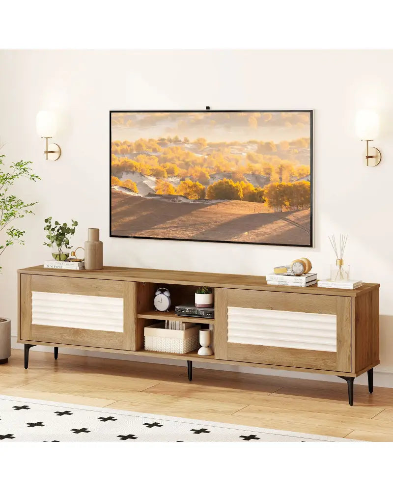 TV Stand for TVs up to 70 Inch Waveform Fluted Entertainment Center-Oak - Oak - Entertainment Centers & TV Stands