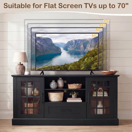 TV Stand for TVs up to 70 with Glass Doors Cubbies and Drawer-Black - Black - Entertainment Centers & TV Stands